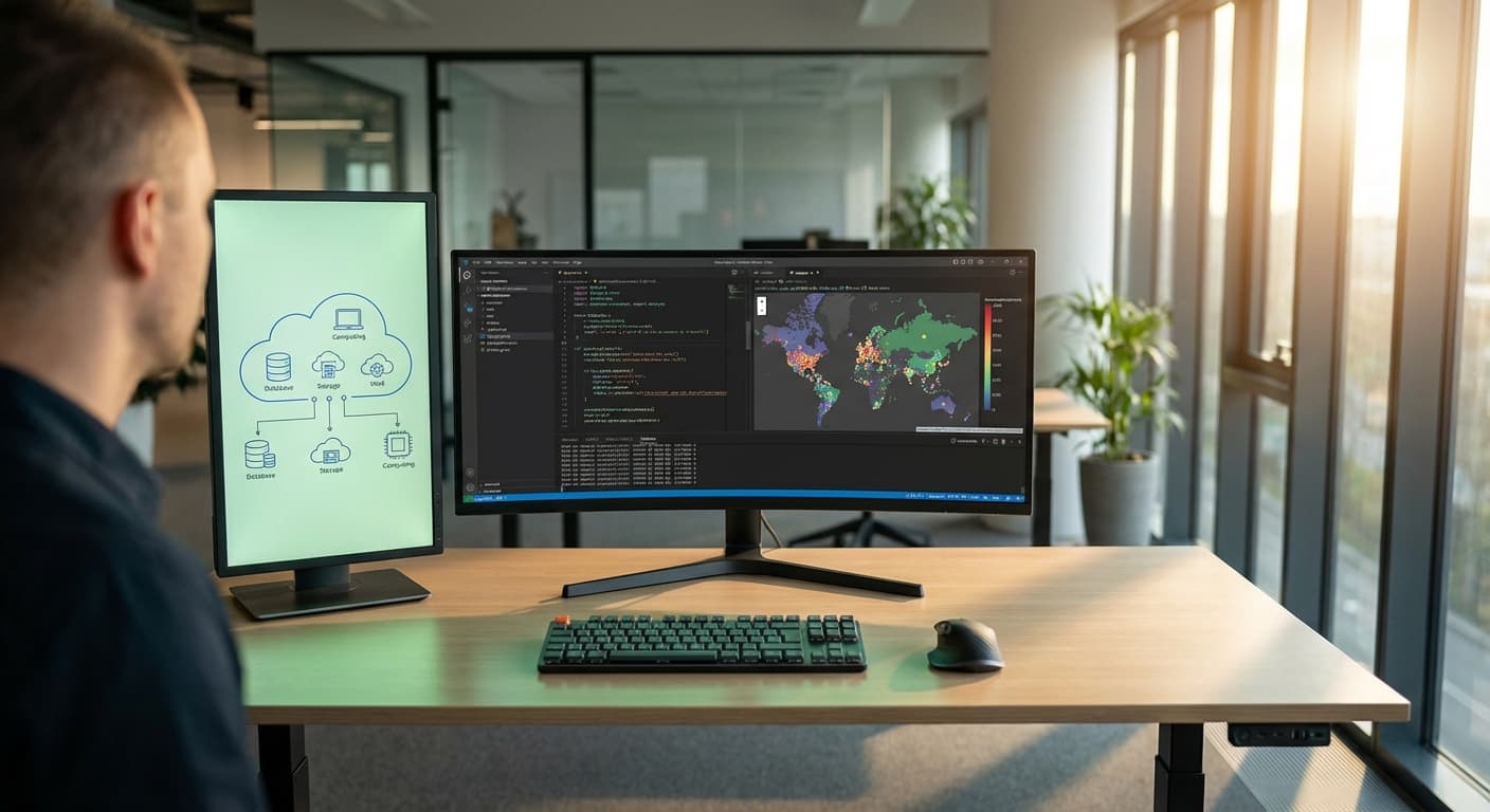 Data engineer working at standing desk with Databricks notebook and Azure architecture on curved monitors