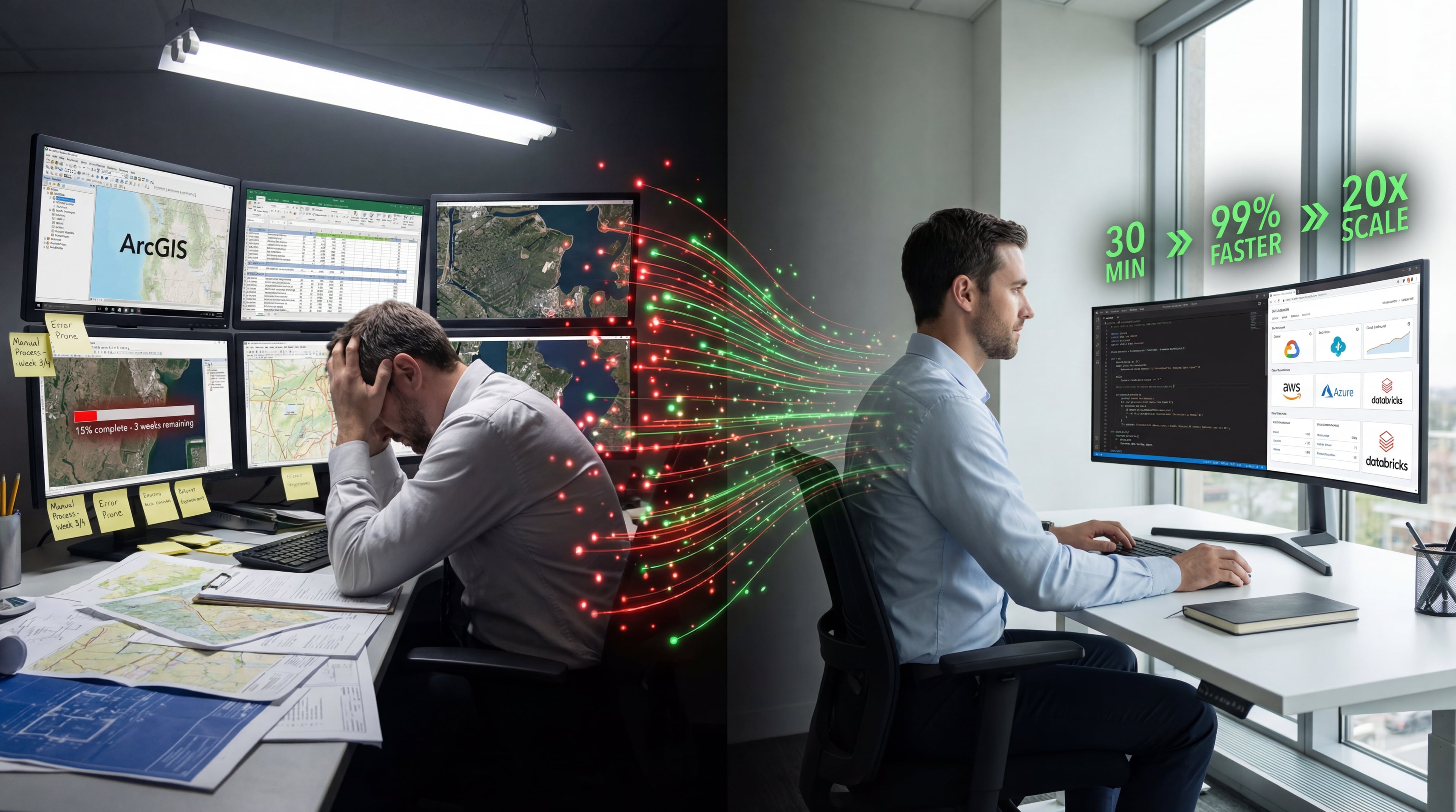 Automated geospatial workflow showing 30 minute runtime, 99% accuracy, and 20x scale improvement