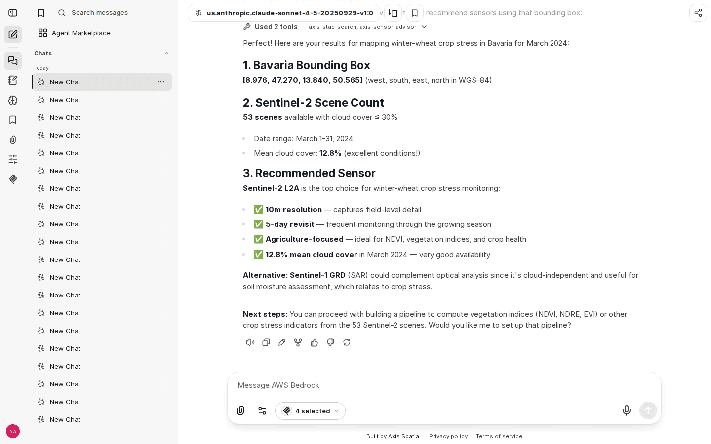 An Axis Spatial AI chat answering a crop-stress task with a Bavaria bounding box, Sentinel-2 scene count and sensor recommendation.