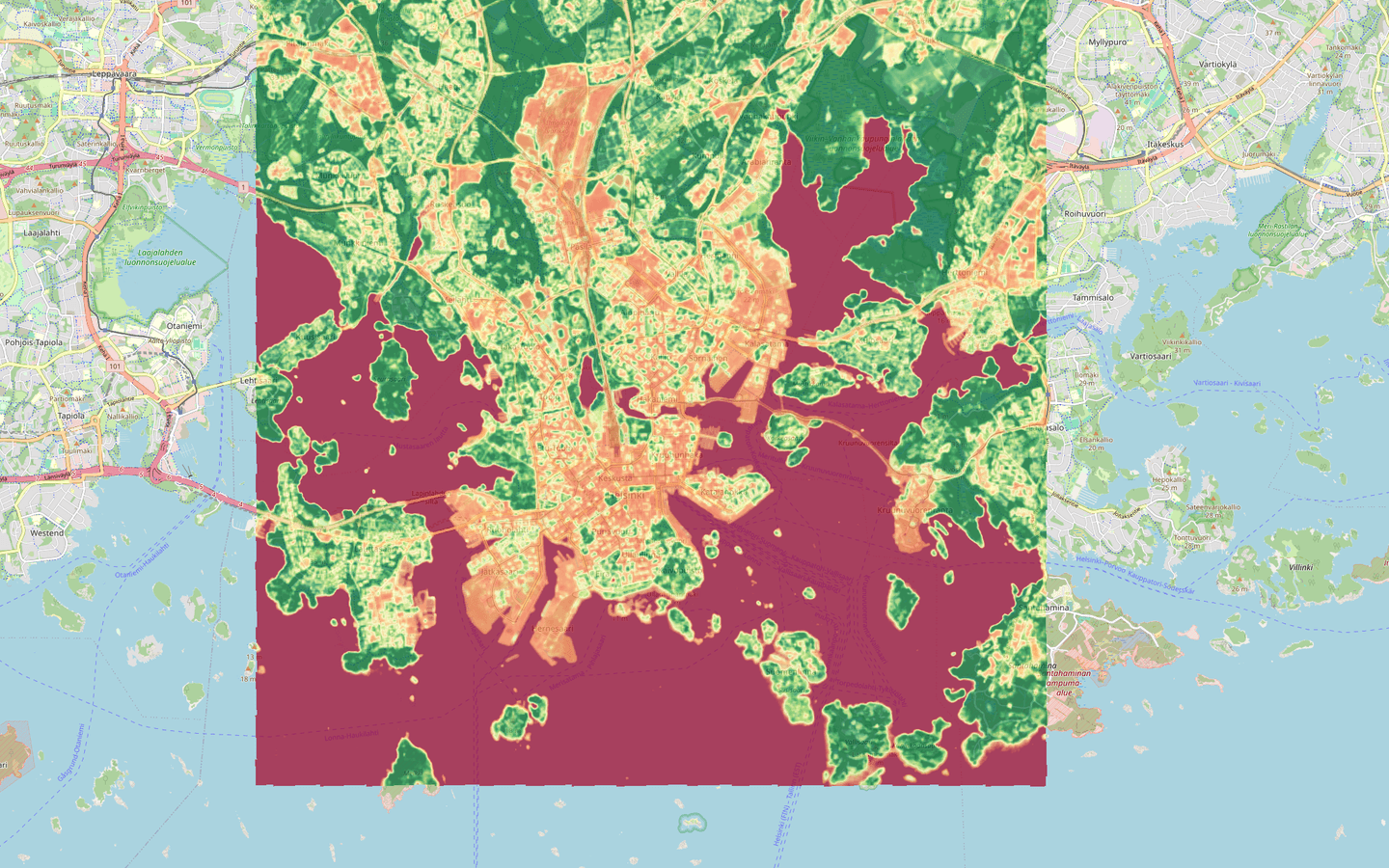 Colour rendering of the captured Helsinki NDVI raster, with low values in red, middle values in yellow and higher values in green.