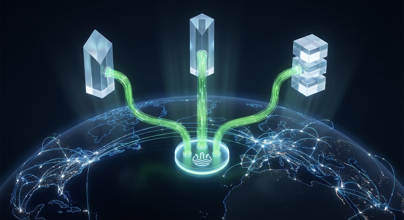 Network topology diagram showing cloud-native formats at the centre connected to data lake, compute, and AI nodes