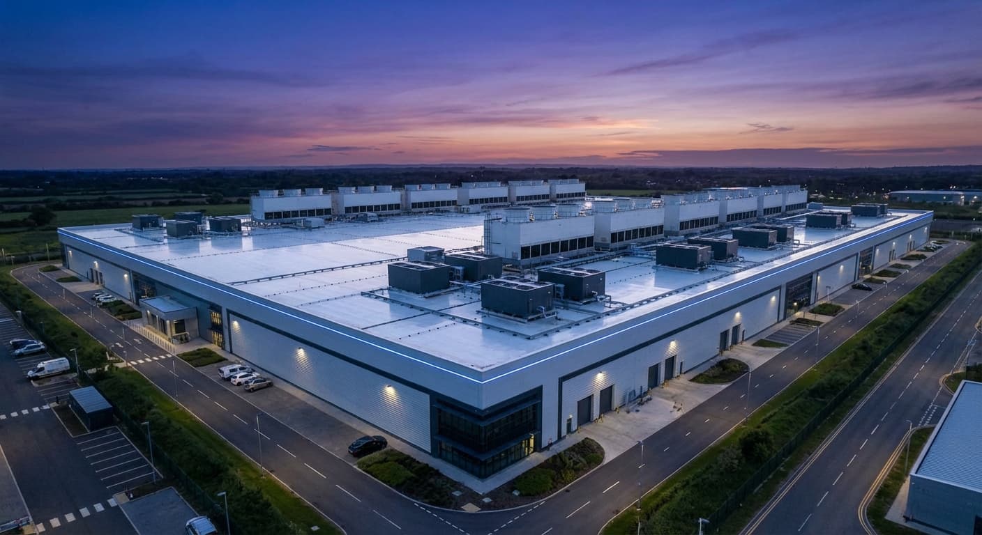 Photorealistic data centre with cloud infrastructure - representing GCP geospatial services at scale