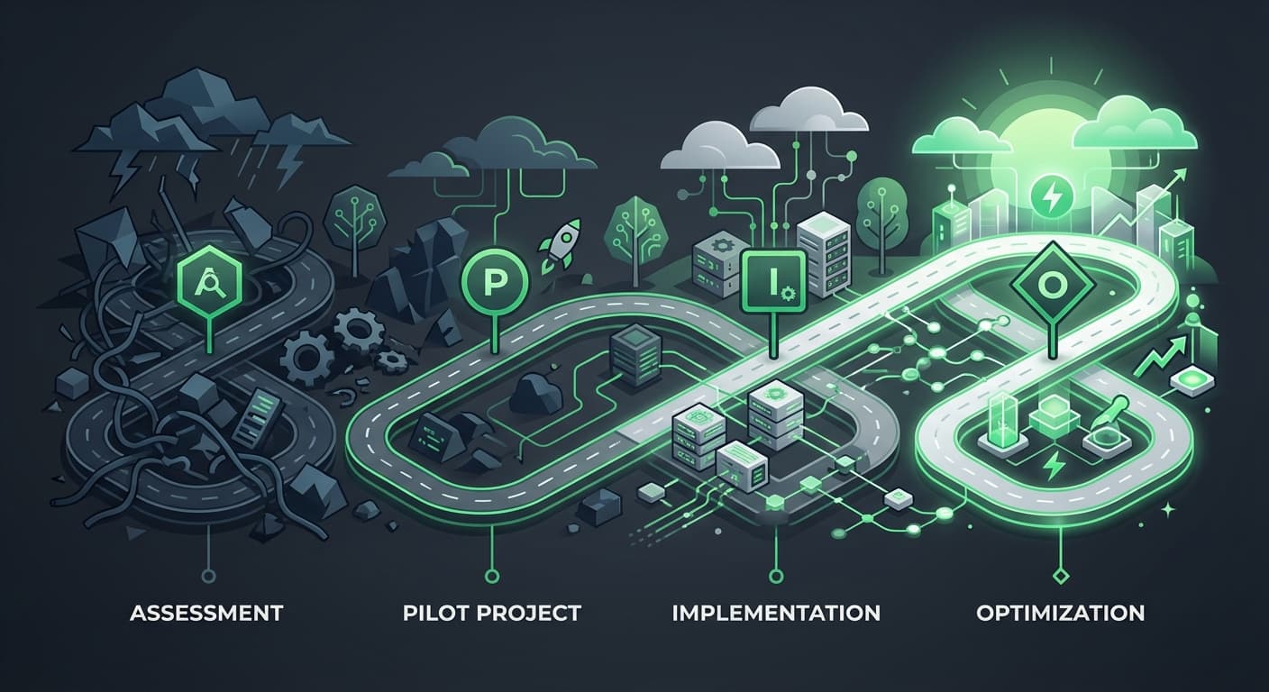 Stylised illustration showing multiple migration paths diverging from a central decision point