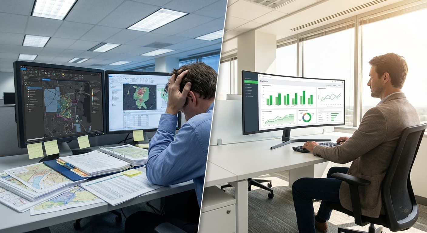 Before and after transformation: cluttered analyst workspace with maps and spreadsheets becomes clean automated dashboard