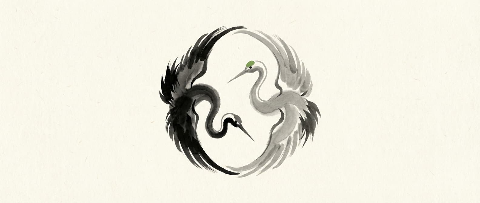 Sumi-e ink painting of two cranes in a circular dance - representing the orchestration of AI and human expertise