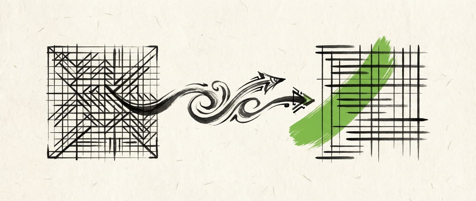 Sumi-e ink painting showing two Python paths diverging - one through an enterprise landscape, one through open fields