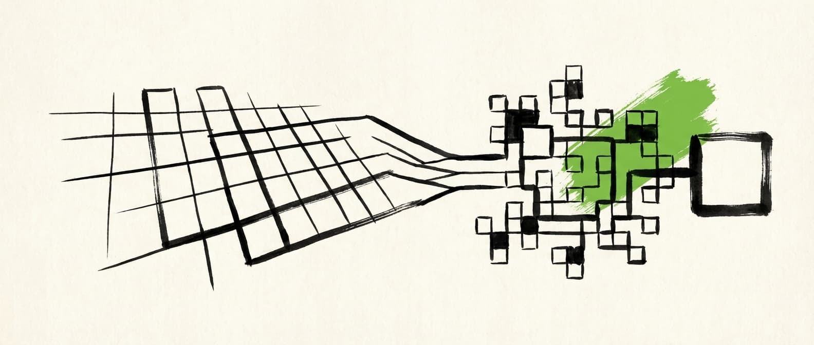 Sumi-e style illustration of raster data processing with grid patterns