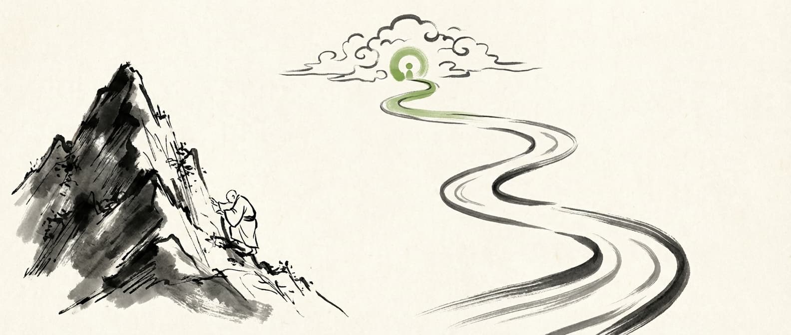 Japanese ink illustration contrasting steep mountain climb with flowing river path to the same destination