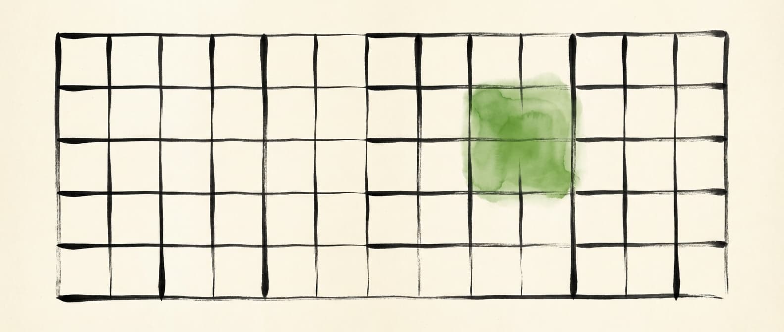 Japanese ink grid with single highlighted tile representing selective data access