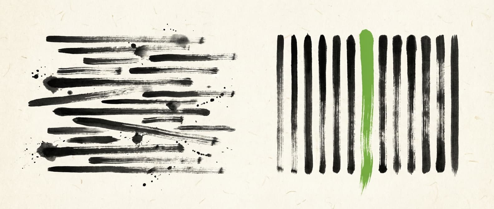 Japanese ink comparison of chaotic row-based data versus ordered columnar storage