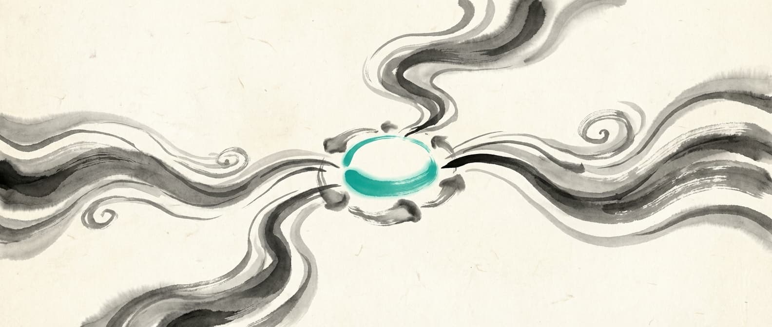 Sumi-e ink painting of a river delta - data flowing from many sources to one unified lake