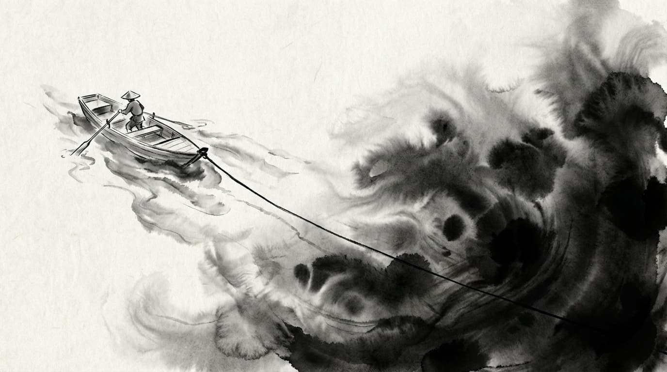 Sumi-e ink painting of a small boat tethered to a massive hidden weight beneath the surface