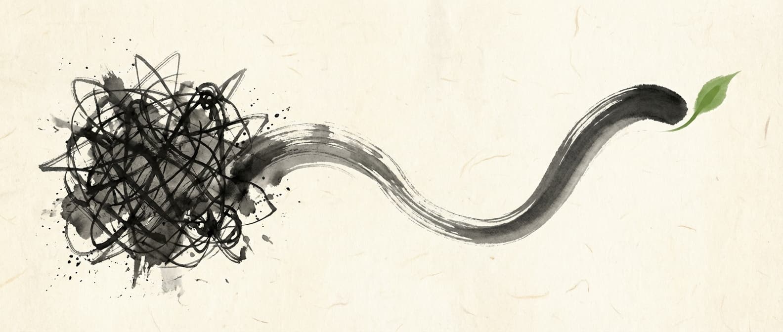 Japanese ink illustration showing transformation from tangled legacy code to clean modern implementation