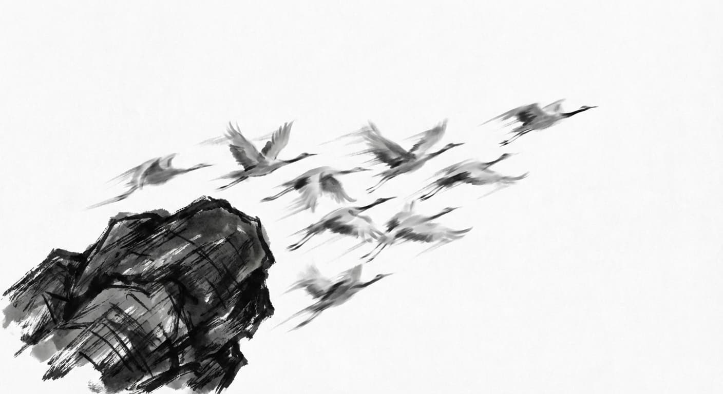 Sumi-e ink painting of cranes flying past a heavy immovable rock - opportunities passing by