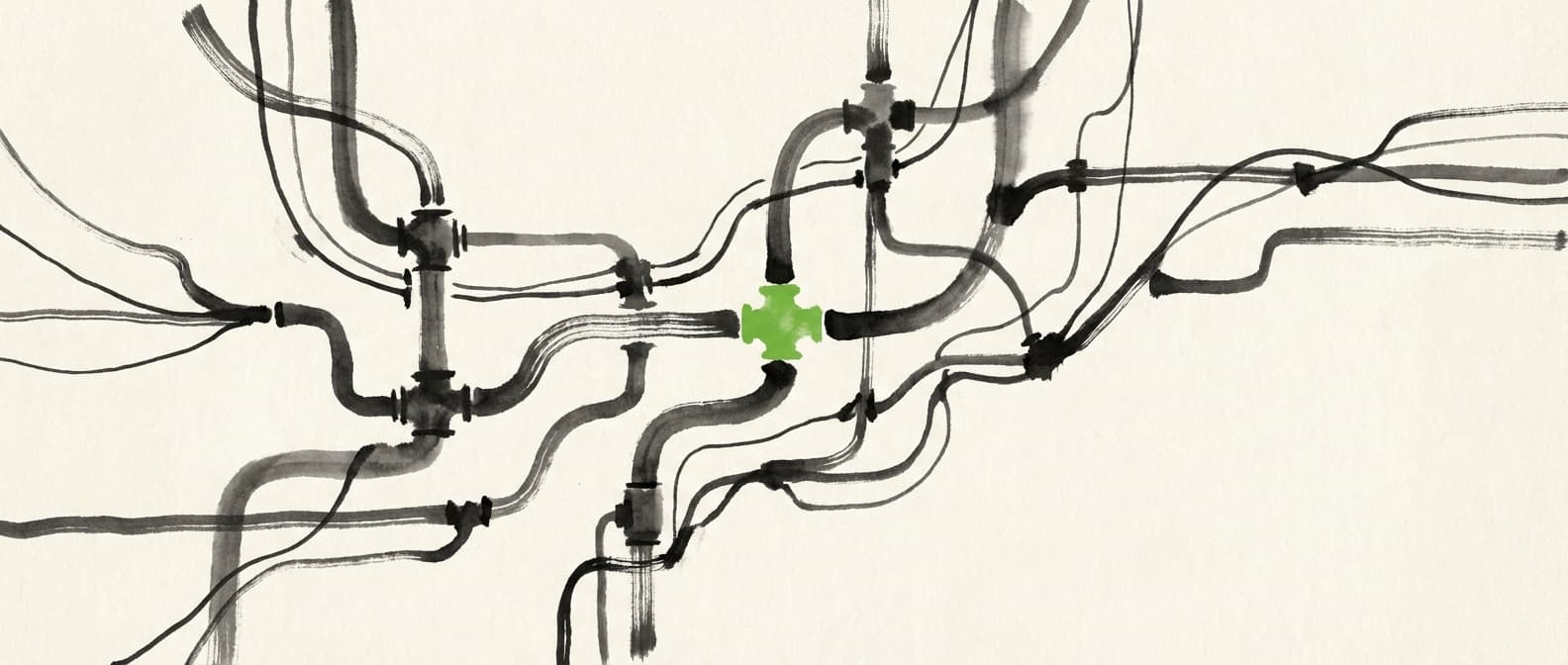 Sumi-e ink painting of interconnected network infrastructure - pipes and wires forming a complex web