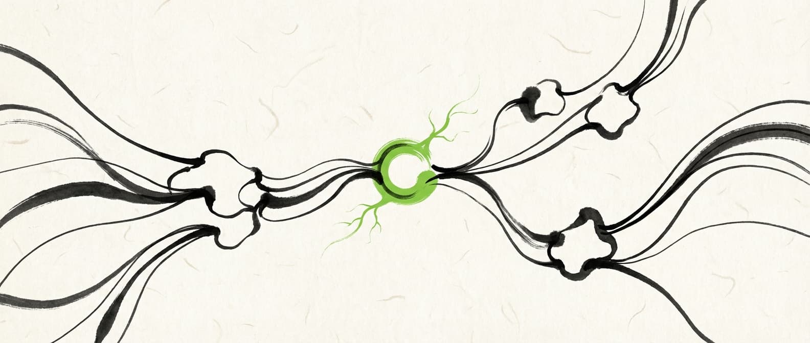 Sumi-e ink painting showing the transformation of manual work into flowing automated pipelines