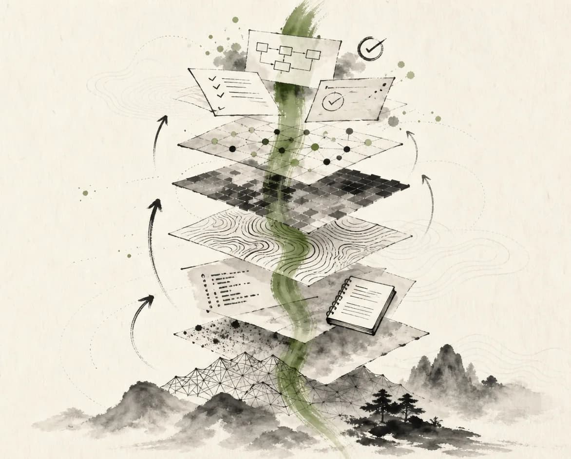 Sumi-e illustration of geospatial layers connected vertically into evidence-backed spatial workflows