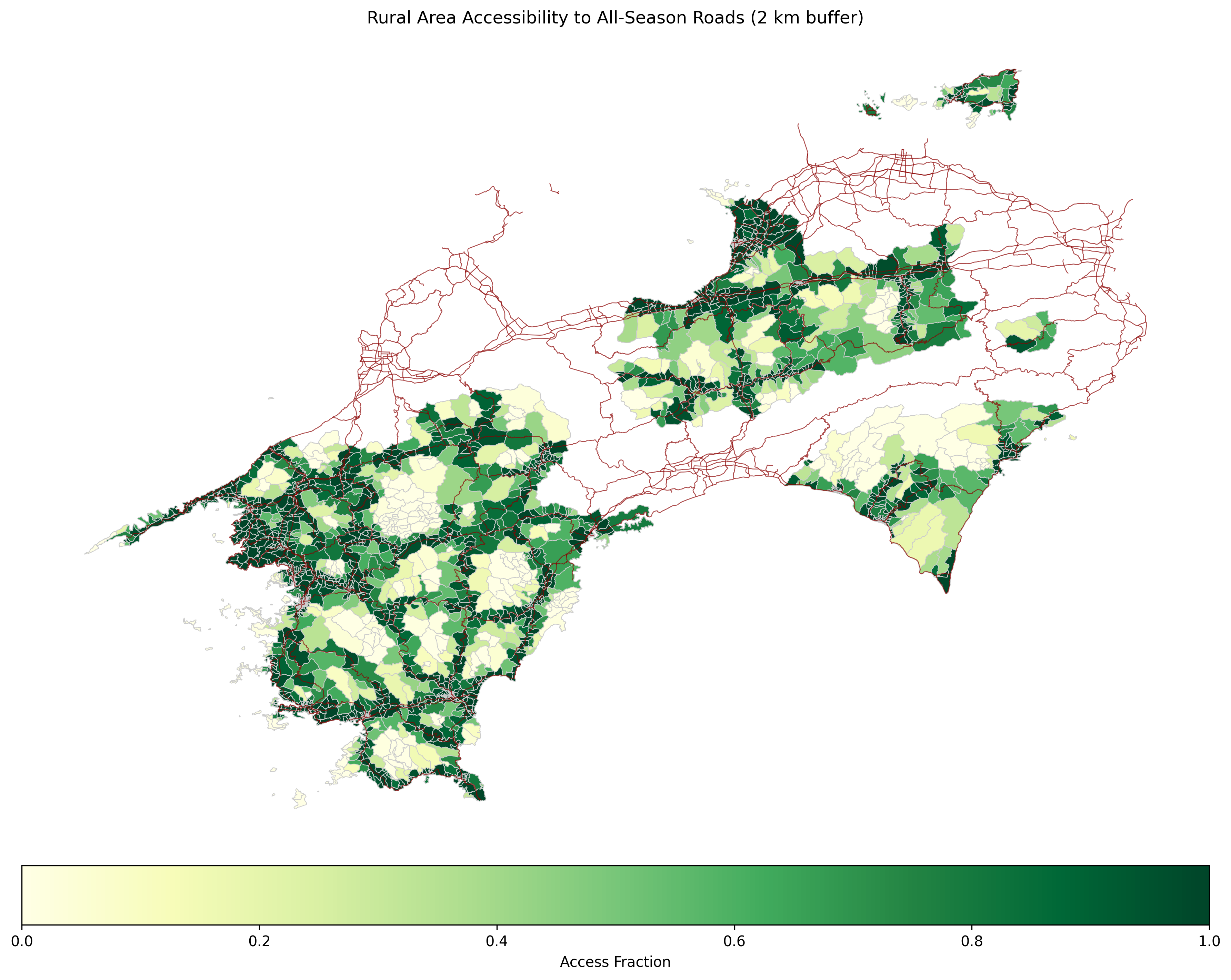 Choropleth map generated for GeoAnalystBench Task 34 showing estimated rural road-access fractions across Shikoku