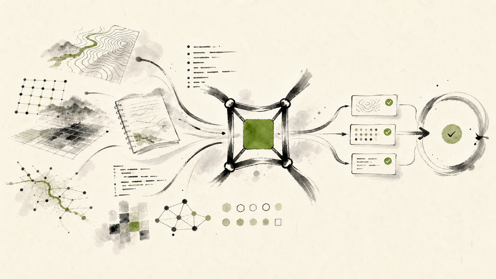 Axis Spatial ink illustration of spatial evidence passing through a controlled workflow and independent checks.