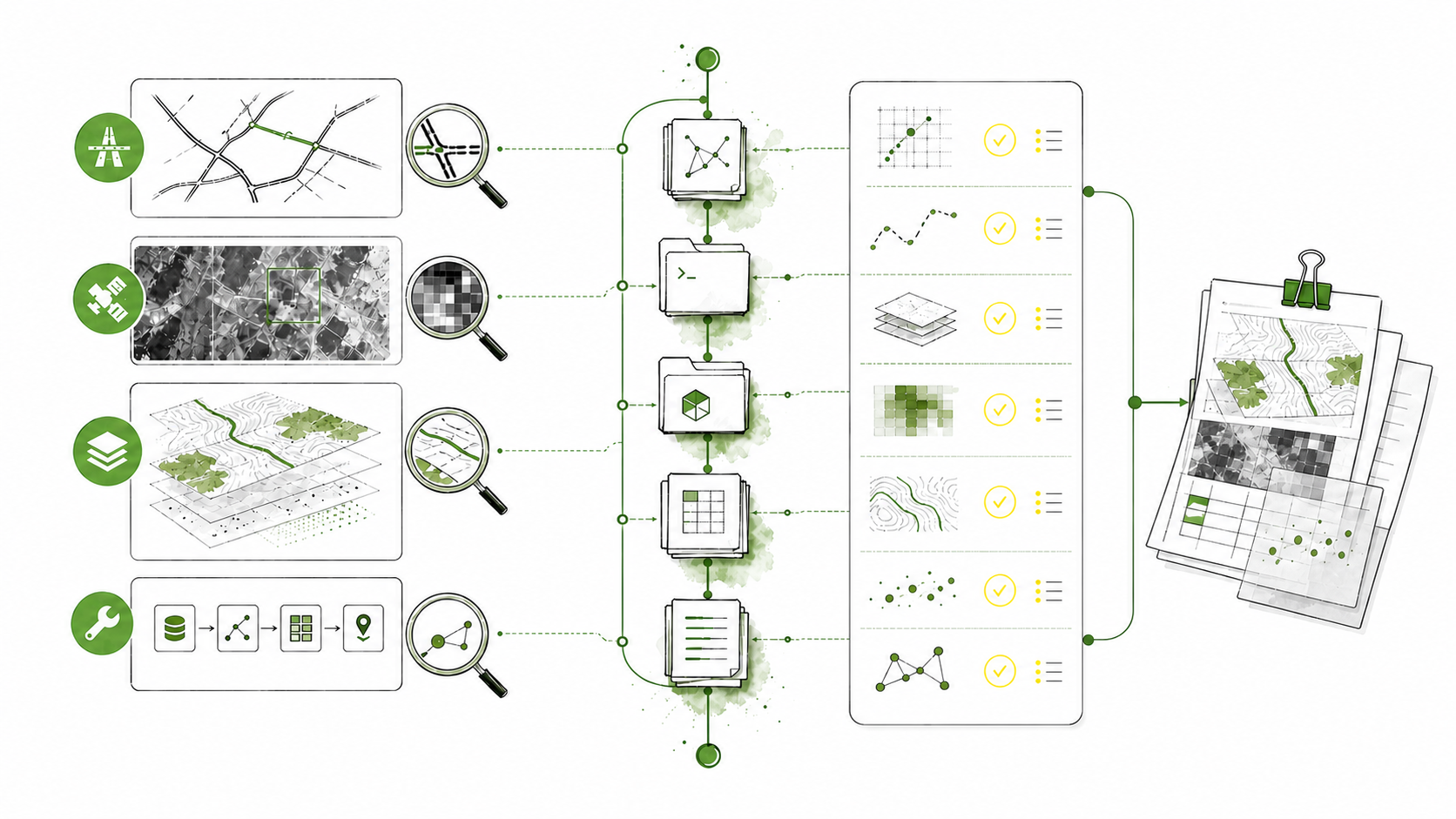 Spatial tasks connected to output files, checks, and a reviewable evidence record.