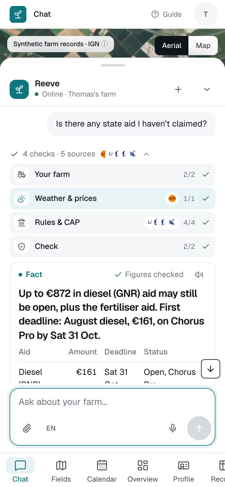 Reeve’s answer to the aid question: up to €872 in diesel aid may still be open, the first deadline is August diesel, €161 on Chorus Pro by Sat 31 Oct, with the checks it ran.