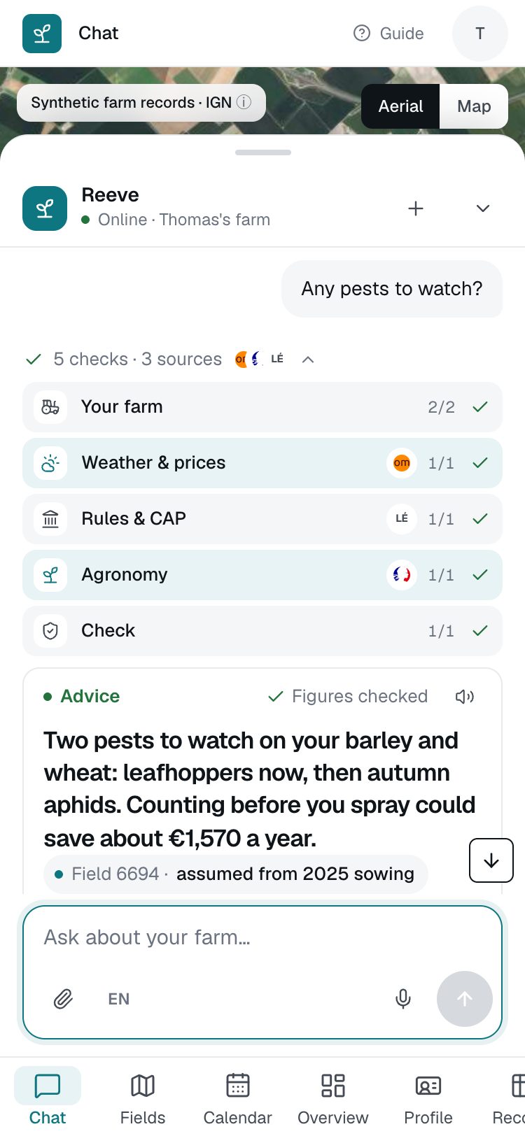 Reeve’s answer to the pest question: leafhoppers now, then autumn aphids, on the barley and wheat, with the fields to check first.