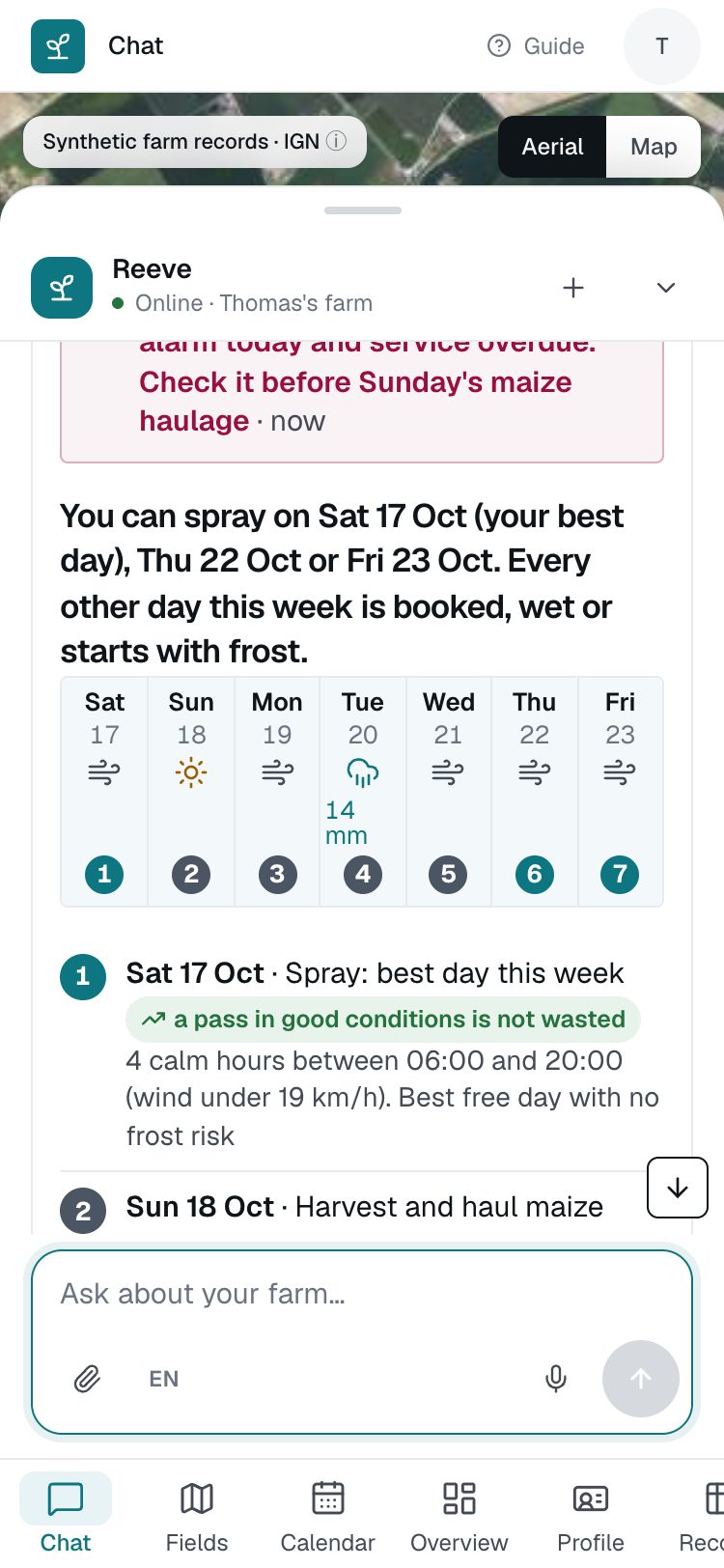 Reeve’s answer to the spray question: a tractor alarm flagged first, then Sat 17 Oct as the best day, with the week laid out day by day.