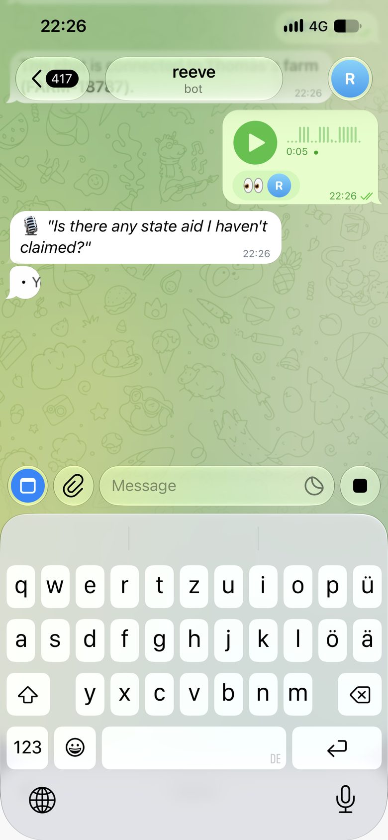 Telegram chat with Reeve: a five-second voice note, transcribed as “Is there any state aid I haven’t claimed?”