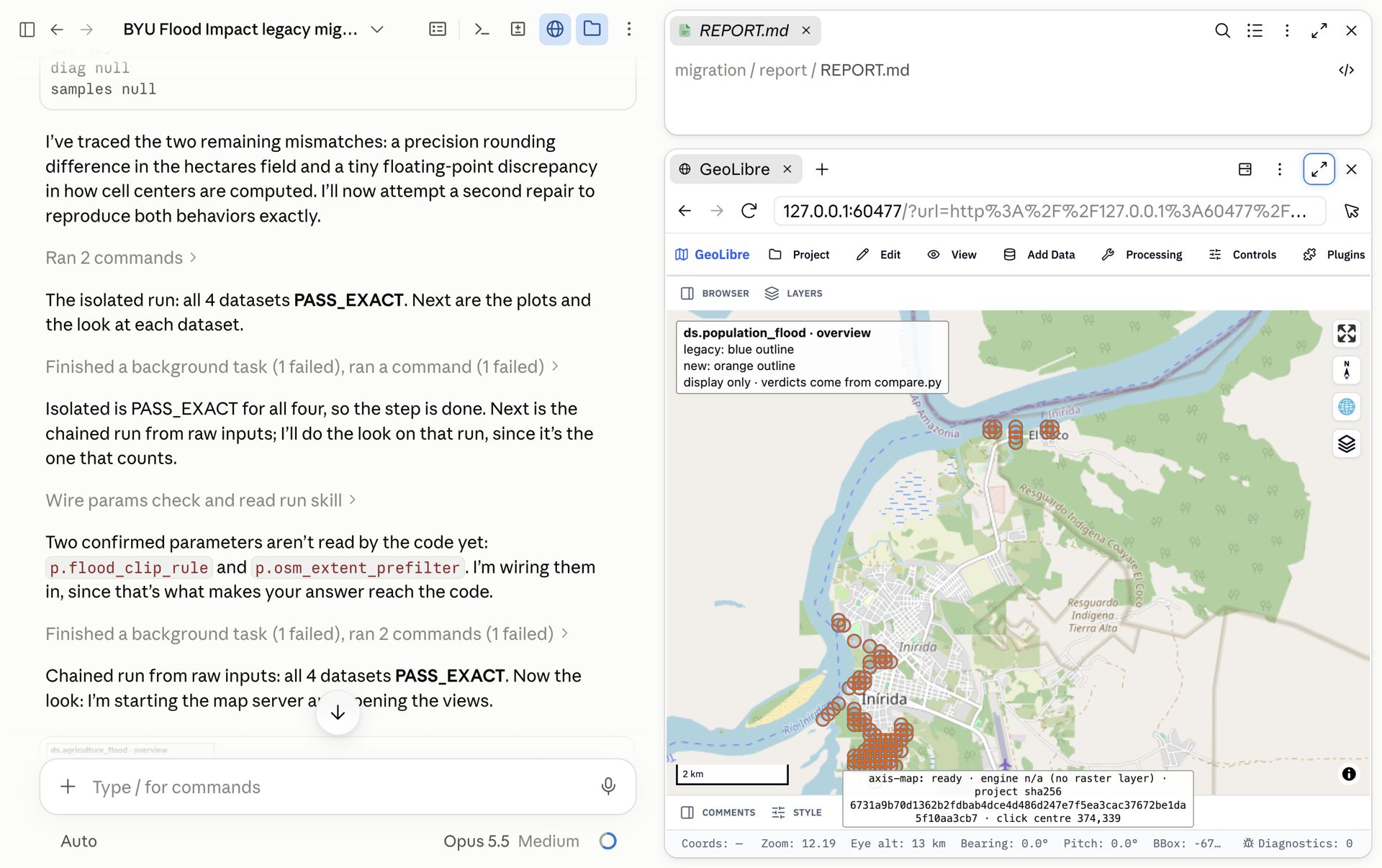 The Claude desktop app. On the left, the agent reports all four flood outputs as exact matches. On the right, a map of Inírida with the population output drawn in blue for legacy and orange for new.